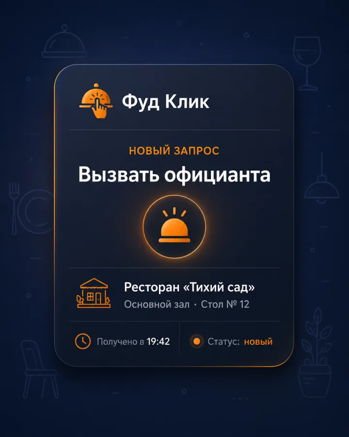Пример нового обращения гостя в системе вызова персонала Фуд Клик